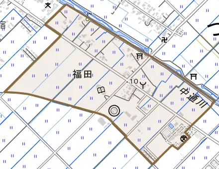 福田とその周辺の地図。町の範囲を重ねている