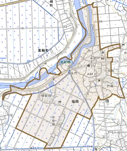 福岡とその周辺の地図。町の範囲を重ねている