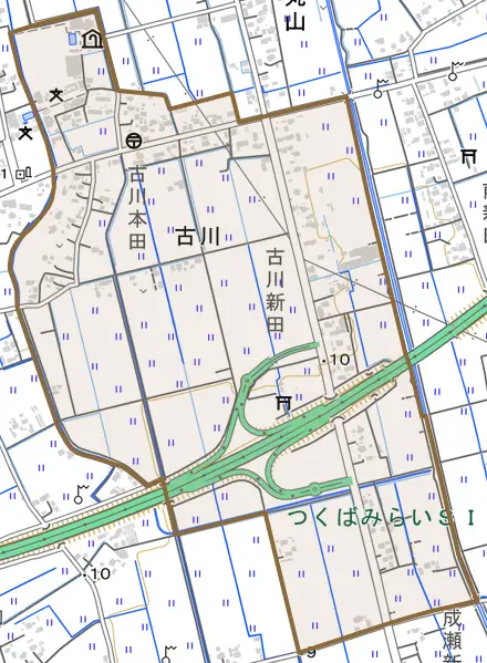 古川とその周辺の地図。町の範囲を重ねている