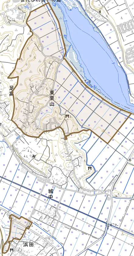 東栗山とその周辺の地図。町の範囲を重ねている