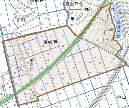 東楢戸とその周辺の地図。町の範囲を重ねている