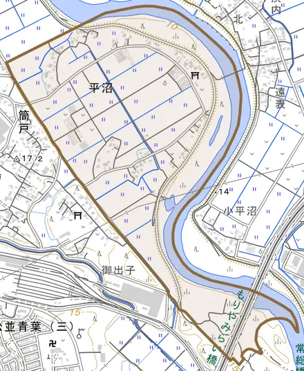 平沼とその周辺の地図。町の範囲を重ねている