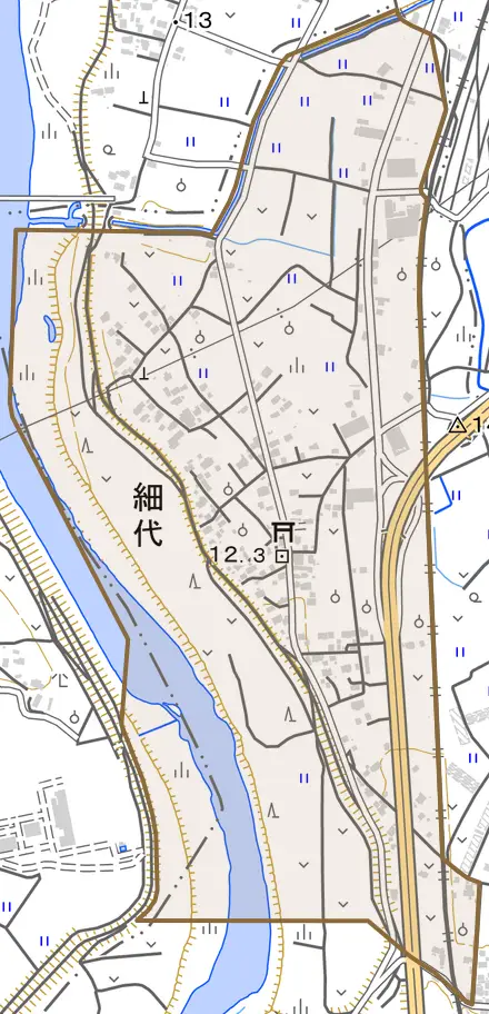 細代とその周辺の地図。町の範囲を重ねている