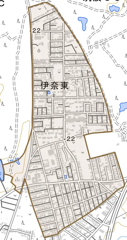 伊奈東とその周辺の地図。町の範囲を重ねている