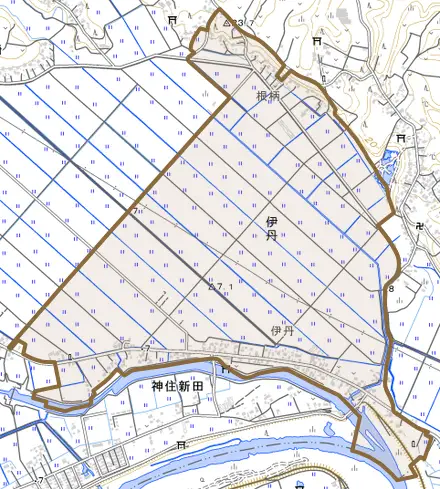 伊丹とその周辺の地図。町の範囲を重ねている