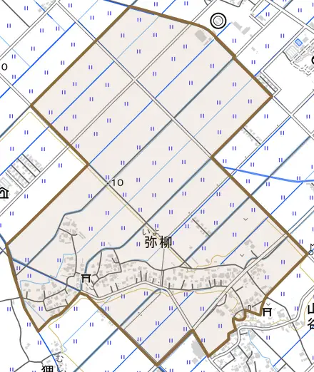 弥柳とその周辺の地図。町の範囲を重ねている