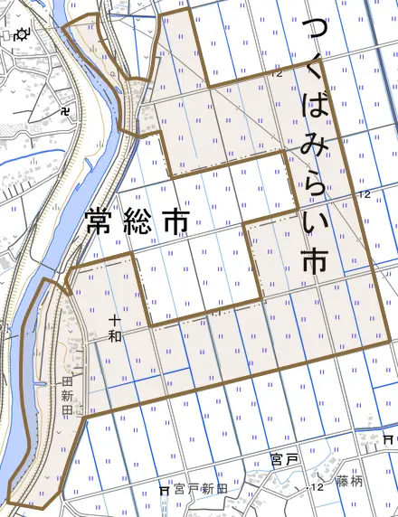 十和とその周辺の地図。町の範囲を重ねている