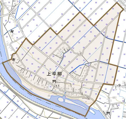 上平柳とその周辺の地図。町の範囲を重ねている