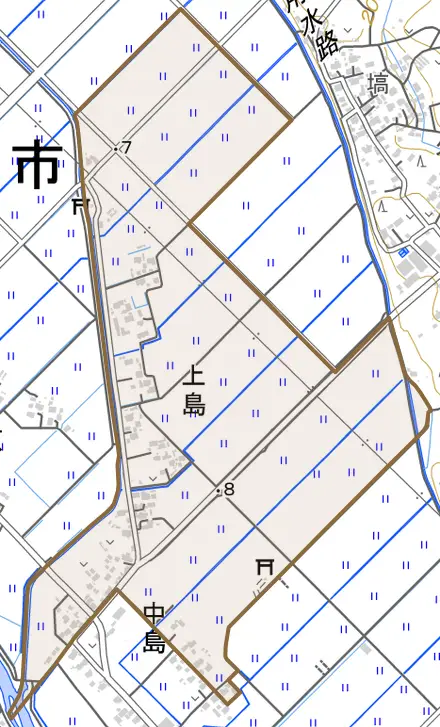 上島とその周辺の地図。町の範囲を重ねている