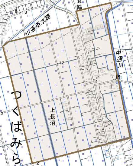 上長沼とその周辺の地図。町の範囲を重ねている