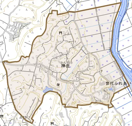神生とその周辺の地図。町の範囲を重ねている