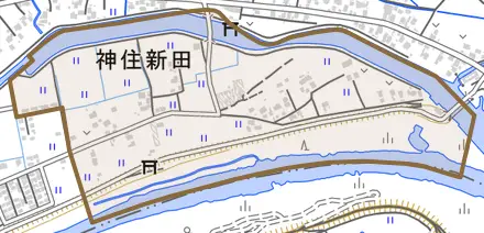 神住新田とその周辺の地図。町の範囲を重ねている