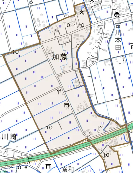 加藤とその周辺の地図。町の範囲を重ねている