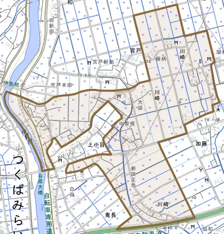 川崎とその周辺の地図。町の範囲を重ねている