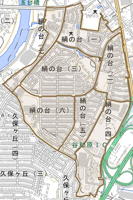 絹の台とその周辺の地図。町の範囲を重ねている