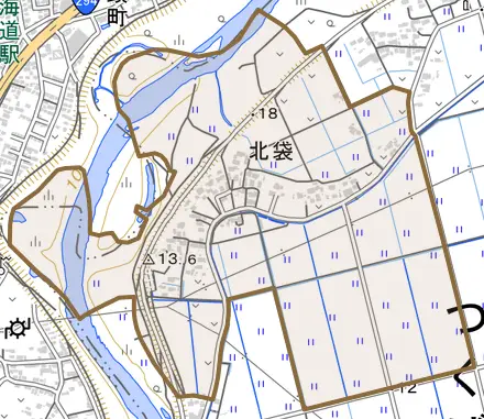北袋とその周辺の地図。町の範囲を重ねている