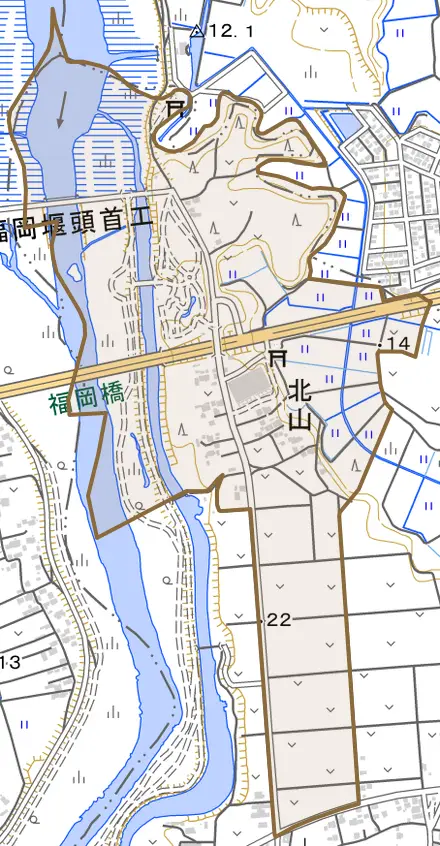 北山とその周辺の地図。町の範囲を重ねている
