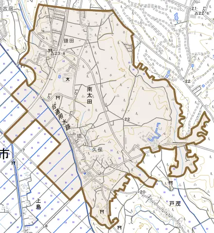 南太田とその周辺の地図。町の範囲を重ねている