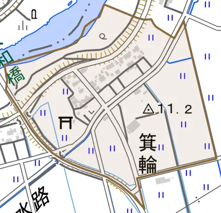 箕輪とその周辺の地図。町の範囲を重ねている