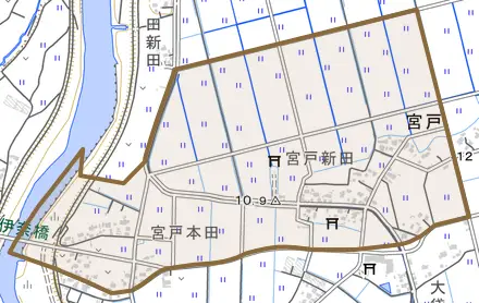 宮戸とその周辺の地図。町の範囲を重ねている