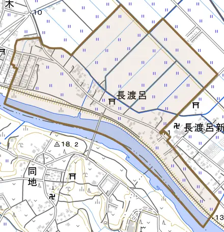 長渡呂とその周辺の地図。町の範囲を重ねている