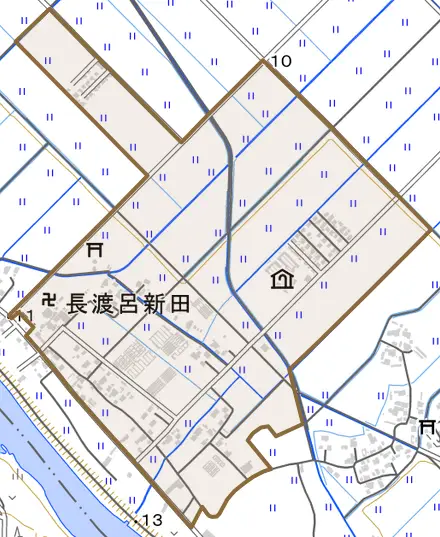 長渡呂新田とその周辺の地図。町の範囲を重ねている