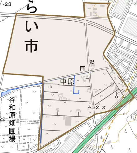 中原とその周辺の地図。町の範囲を重ねている