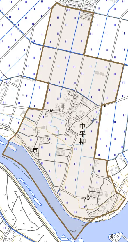 中平柳とその周辺の地図。町の範囲を重ねている