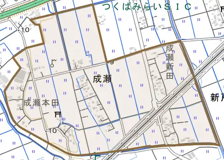 成瀬とその周辺の地図。町の範囲を重ねている