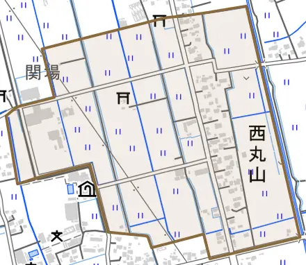 西丸山とその周辺の地図。町の範囲を重ねている