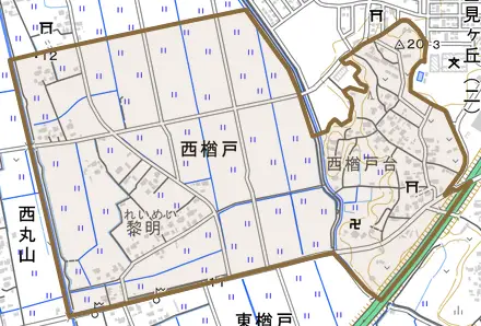 西楢戸とその周辺の地図。町の範囲を重ねている