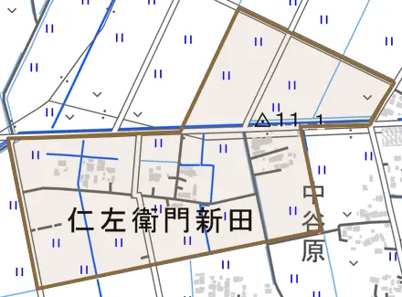 仁左衛門新田とその周辺の地図。町の範囲を重ねている