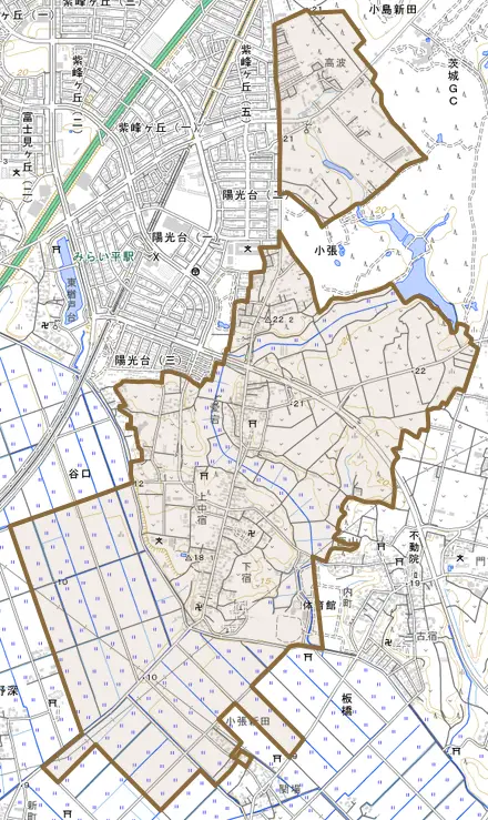 小張とその周辺の地図。町の範囲を重ねている