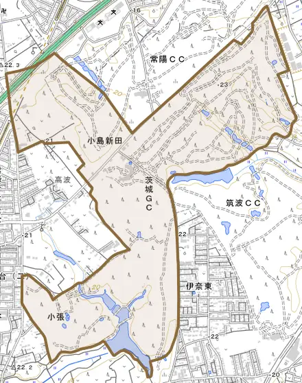 小島新田とその周辺の地図。町の範囲を重ねている