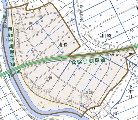 鬼長とその周辺の地図。町の範囲を重ねている