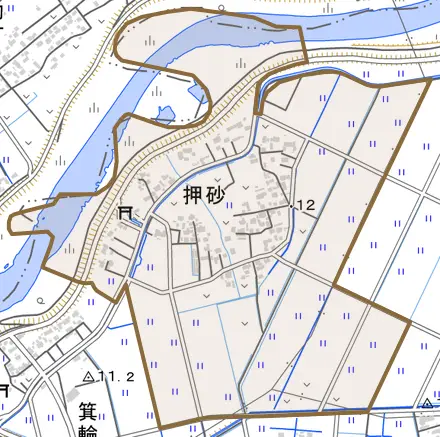 押砂とその周辺の地図。町の範囲を重ねている