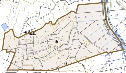 大和田とその周辺の地図。町の範囲を重ねている