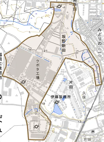 坂野新田とその周辺の地図。町の範囲を重ねている