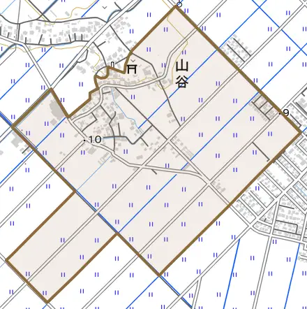山谷とその周辺の地図。町の範囲を重ねている