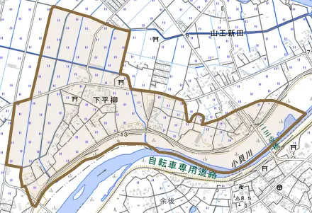下平柳とその周辺の地図。町の範囲を重ねている