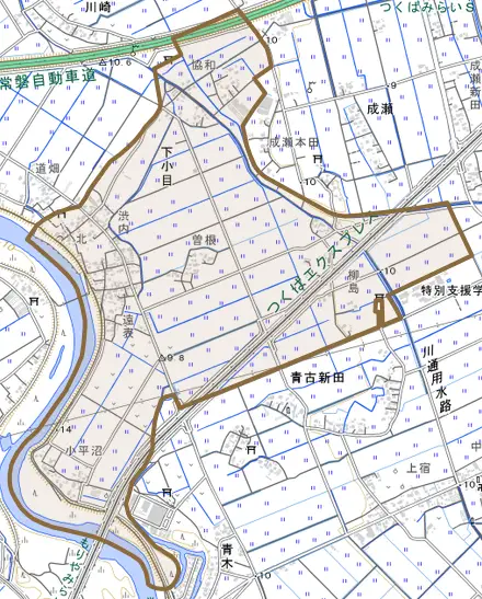 下小目とその周辺の地図。町の範囲を重ねている