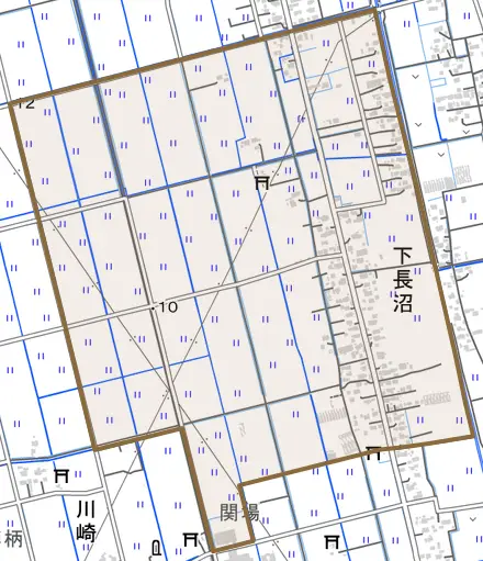 下長沼とその周辺の地図。町の範囲を重ねている