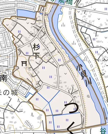 杉下とその周辺の地図。町の範囲を重ねている