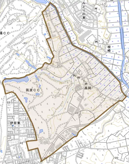 高岡とその周辺の地図。町の範囲を重ねている