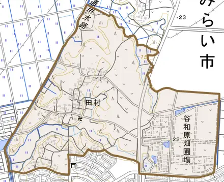 田村とその周辺の地図。町の範囲を重ねている