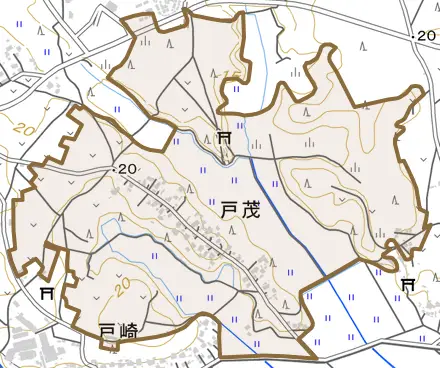 戸茂とその周辺の地図。町の範囲を重ねている