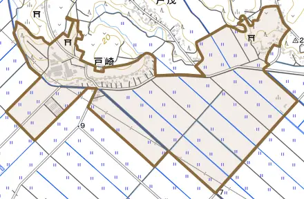 戸崎とその周辺の地図。町の範囲を重ねている