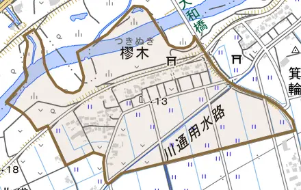樛木とその周辺の地図。町の範囲を重ねている