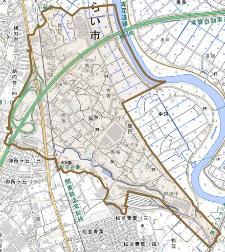 筒戸とその周辺の地図。町の範囲を重ねている
