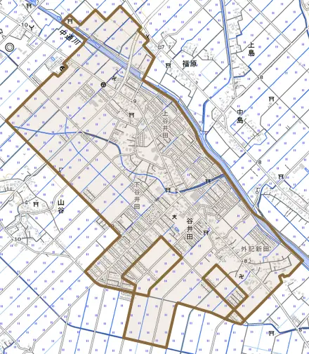 谷井田とその周辺の地図。町の範囲を重ねている